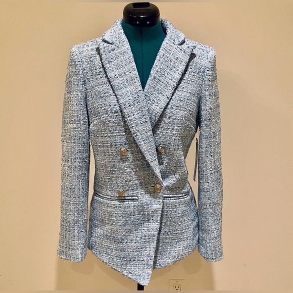 NWT AQUA High End Double Breasted Light Blue Tweed Blazer - Picture 7 of 8